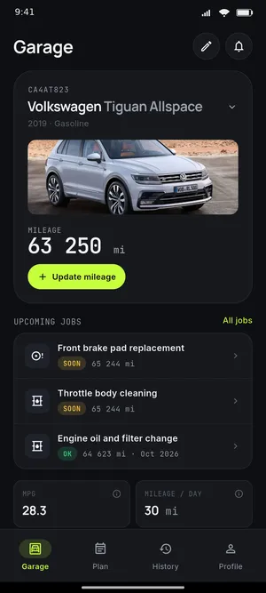 Garage with selected car and stats